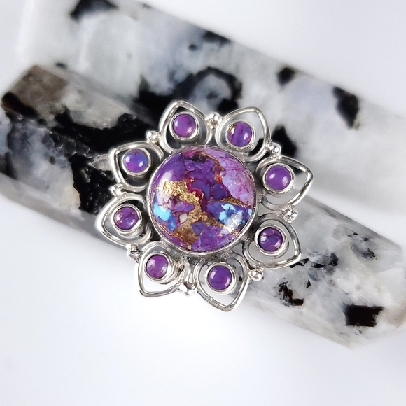 925 Sterling Silver Purple Copper Turquoise Flower Ring Size 9 New - Picture 3 of 13